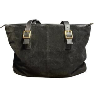 Levenger Black Suede Large Carry Purse Tote Handbag Gold Buckle Accents